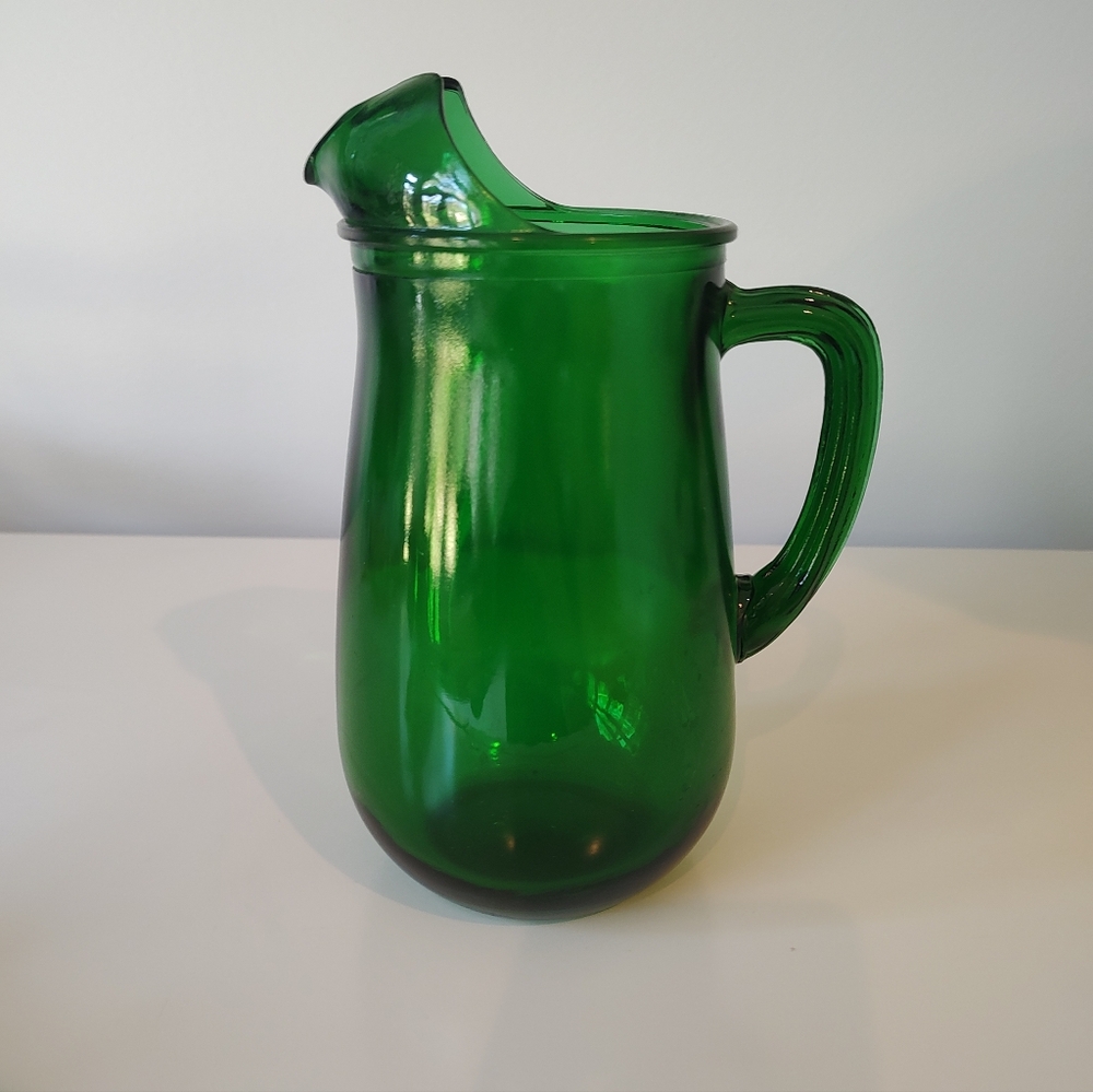 VTG Anchor Hocking Glass Pitcher Tumbler Set Forest Green Small Ice Lip MCM